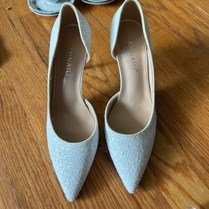 Annaili Womens Sparkle Embellished Cutout Pump Slim Heels White Slip On EUR 37